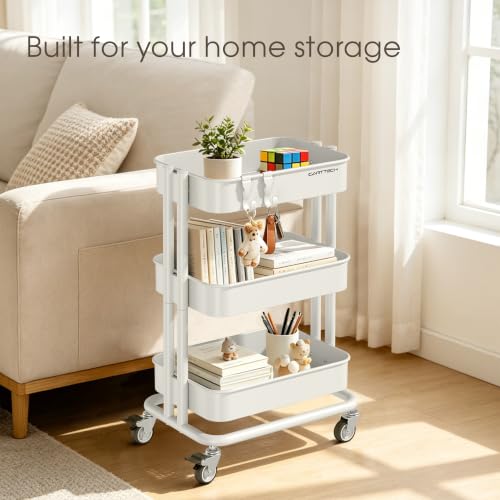 3 Tier Rolling Cart Metal Utility Cart with Lockable Wheels Home Office - color: White, size: Small