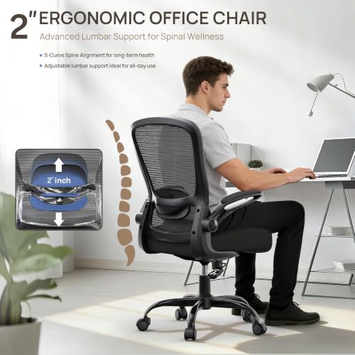 Ergonomic Office Chair w/Adjustable Lumbar, Flip Armrest, 135° Recline - color: Black-black Frame
