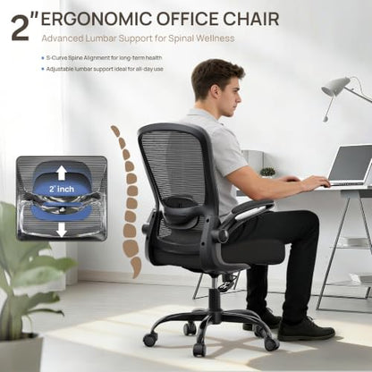 Ergonomic Office Chair w/Adjustable Lumbar, Flip Armrest, 135° Recline - color: Black-black Frame