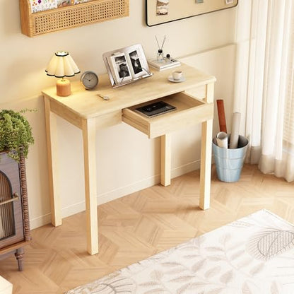 Solid Wood Desk with Drawers - 32 x 16 Inch Simple Narrow Desks, Rubber Wood Study Table, Small Writing Desk for Bedroom|Small Spaces - Natural Boho Desks - color: Natural, size: 31.5 in W x 15.7 in D