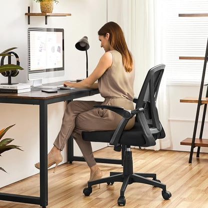 Yaheetech Mid-Back Mesh Task Office Desk Chair with Flip-up Arms, Black | Breathable mesh back and foam-padded seat for all-day comfort; sturdy metal frame, height adjustable, and easy to assemble - color: Black, style: Contemporary
