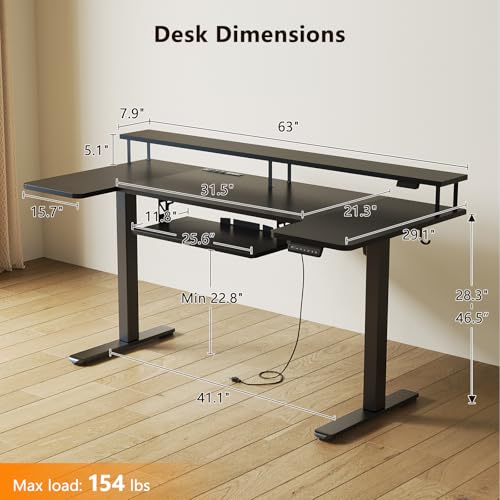 OffiGo 63 Inch U Shaped Electric Standing Desk with Keyboard Tray, Black - color: Black, size: 63 Inch