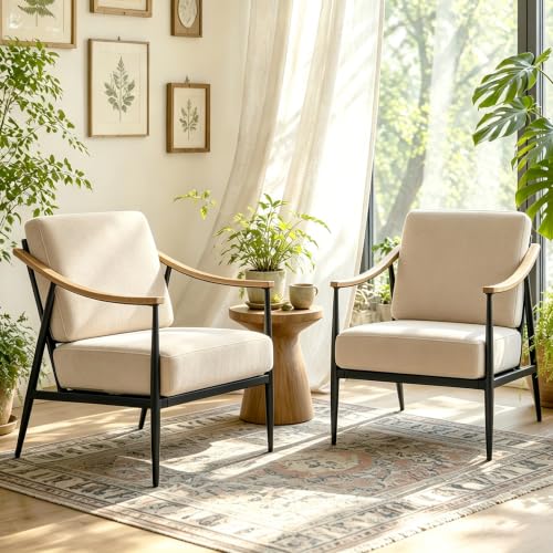 RNKSFX Modern Accent Chairs Set of 2 for Living Room Bedroom Mid Century Arm Chairs Upholstered Office Accent Chairs Comfy Waiting Room Chairs with Metal Frame, Beige - color: Beige
