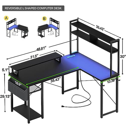 Aheaplus Small L Shaped Desk Gaming Desk with LED Lights & Power Outlets - color: Black