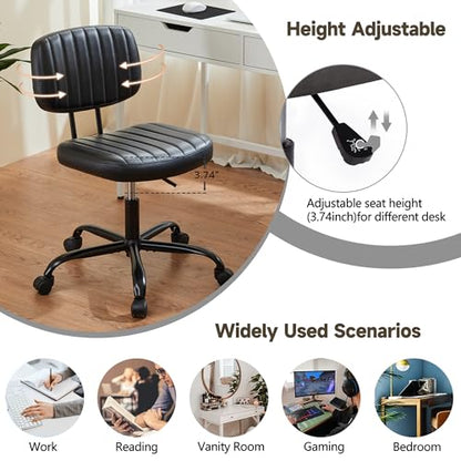 Armless Office Chair, Swivel Rolling PU Leather Vanity Chair with Back Lumbar Support Height Adjustable Computer Chair, Small Desk Chair for Home Office (Black) - color: Black