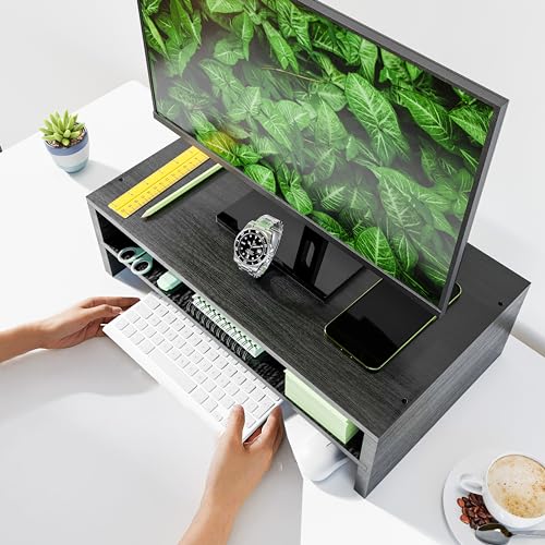 Simple Trending 2-Tier Monitor Stand Riser, Desk Storage Organizer, Black | Wood Desktop Stand for PC/TV, Laptop & Printer Stand, Premium MDF Material, Anti-Slip Pads, Waterproof, 16"W x 9"D x 5.5"H - size: 16"W x 9"D x 5.5"H