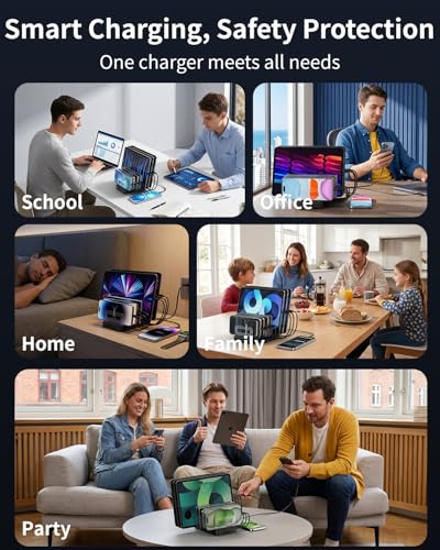 288W Charging Station for Multiple Devices, 8-Port Multi USB C Fast Charger Station Dock with Adjustable Dividers & 7 Cables,Multi-Purpose Desktop and Wall Fast Charger for iPhone, iPad,Tablets & More