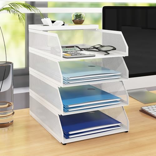Natwind 4-Tier Stackable Metal Mesh Desk Paper Tray Organizer,White | Desktop Accessories for Office Supplies, Letter Tray For Paper Storage ,File Document Holder For Home School Classroom - color: White, size: 4 tier