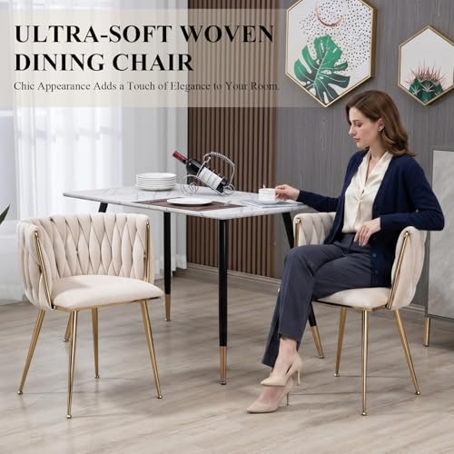 NIOIIKIT Modern Velvet Dining Chairs Hand Weaving Accent Chairs Living Room Chairs Upholstered Side Chair with Golden Metal Legs for Dining Room Kitchen Vanity Living Room (Ivory) - color: Ivory
