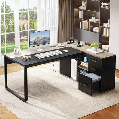YITAHOME Executive Desk with Power Outlets | Power Outlets, File Cabinet, Drawers & Storage Shelves, Corner Office Desk with Bookshelf, For Home Office
