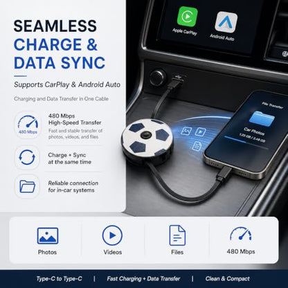 Retractable USB-C to USB-C Cable 132W Fast Charging Anti-Tangle Type C to Type C Cable,Soccer-Shaped Fun Spinner,Car Travel Essentials for iPhone 17/16/15,Galaxy S25/S24/S23,Pixel 9/8