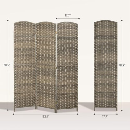 HOMCOM 3 Panel Room Divider 6 Ft Privacy Screen Hand-Woven Dark Rustic Oak | Folding PP Wall Partition, Pine Wood Frame, Freestanding Room Separator, Bedroom Home Office, No Assembly - color: Oak, size: 3 Panel