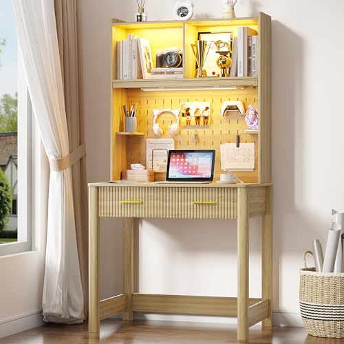 Vlsrka Small Study Desk with Drawers and Reading Lights for Compact Space | 31.5" Fluted Computer Desk with Hutch, Writing Desk with Storage and Charging Station for Teen Bedroom, Study Room, Wood - color: Wood-1, size: 31.5 Inches