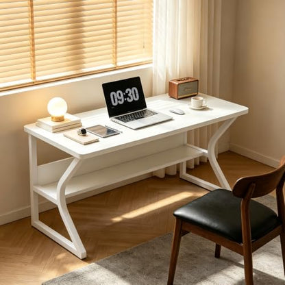 Office Desk with Storage Shelf - 55.1" Computer Writing Desk - color: White, size: 55.1 x 19.7