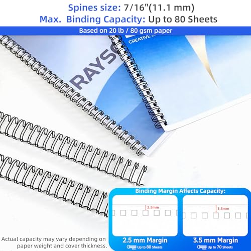 Rayson Wire Binding Spines, 7/16" 3:1 Pitch, 32-Loop Black, 100 Pack - size: 7/16" (80 Sheets Capacity)