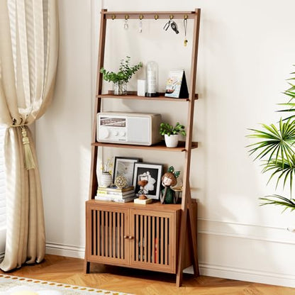 Bookcase with Drawers, Ladder Shelf 4-Tier Bamboo Bookshelf with 6 Hooks - color: 4-tier Walnut