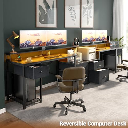 Aheaplus 59" Gaming Computer Desk with 3 Drawer, Power Outlet, Led Lights - color: Black