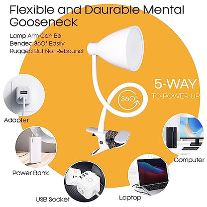 GlowVibe Desk Lamp Eye-Caring 360° Flexible Gooseneck 3 Color Modes 10 Brightness Dimmable 10W 40 LED, Portable Reading Book Light Clamp Study Desk Lamps for Bedroom and Office Home Lighting (White) - color: White