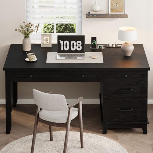 53.5" Farmhouse Home Office Desk with File Cabinet, Wooden Executive Desk with Power Outlet, Work Desk with Drawers, Traditional Wood Desk for Home and Office, Black - color: Black