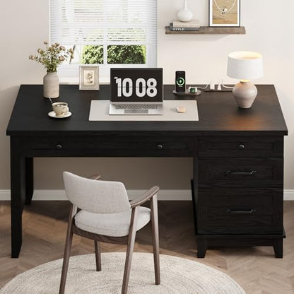 53.5" Farmhouse Home Office Desk with File Cabinet, Wooden Executive Desk with Power Outlet, Work Desk with Drawers, Traditional Wood Desk for Home and Office, Black - color: Black