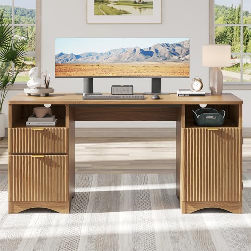Bestier 59 inch Computer Desk with 2 Drawers, Office Desk with Storage File Cabinet and 2 Open Storage Shelves, Modern Fluted Executive Desk for Home Office Bedroom, Brown Oak - color: Brown Oak, size: 59"W with Double-Sided