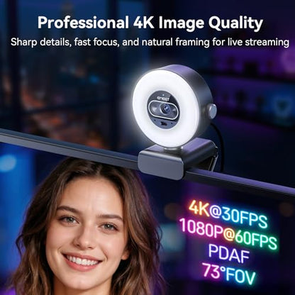 EMEET S600L 4K Webcam for Streaming with Ring Light, 1/2" Sensor, 0.2S PDAF - style: S600L Ring Light 1/2" Sensor