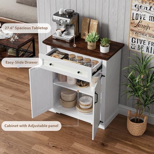 Coffee Bar Cabinet, 27.6" W Farmhouse Buffet Cabinet with Door & Drawer, Kitchen Cabinet with Adjustable Shelf for Hallway, Living Room, Dinning Room (White) - color: White
