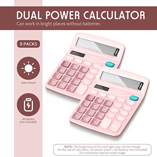 8 Pack Calculator Bulk, 12 Digits Calculators Desktop Solar and Battery Dual Power Large LCD Display and Sensitive Button Handheld for Office, School (Pink) - color: Pink