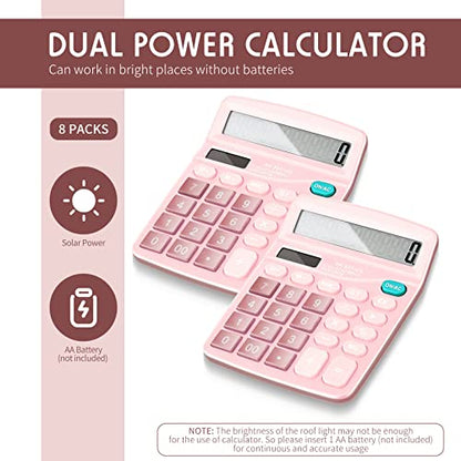 8 Pack Calculator Bulk, 12 Digits Calculators Desktop Solar and Battery Dual Power Large LCD Display and Sensitive Button Handheld for Office, School (Pink) - color: Pink