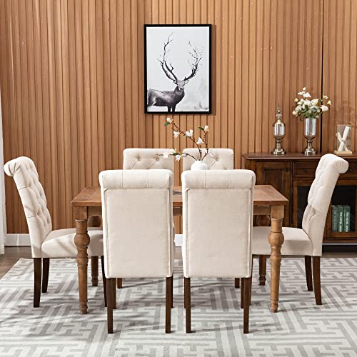COLAMY Button Tufted Dining Chairs Set of 6, Accent Parsons Diner Chair Upholstered Fabric Dining Room Chairs Stylish Kitchen Chairs with Solid Wood Legs and Padded Seat - Dark Beige - color: Beige, size: set of 6