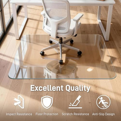 46 x 55 in Ultra-Clear Tempered Glass Chair Mat Floor Protector | 0.2 in Thick Heavy-Duty Scratch-Resistant Surface with Non-Slip Pads and Rounded Polished Edges for Hard Floors and Carpets - size: 46"x55"