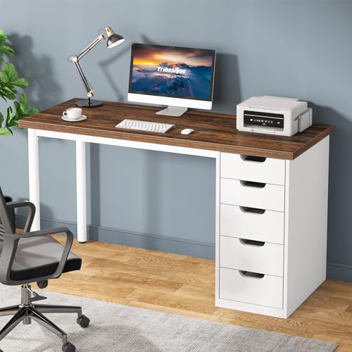 Tribesigns Computer Desk with 5 Drawers, 47 inches Rustic Brown Home Office Desk with Storage, Modern Simple Laptop Desk Study Writing Table for Small Spaces (Brown+White) - color: Brown+white