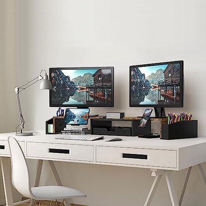 Simple Houseware Desk Dual Monitor Stand Riser with Drawer, Rustic Brown - color: Rustic Brown