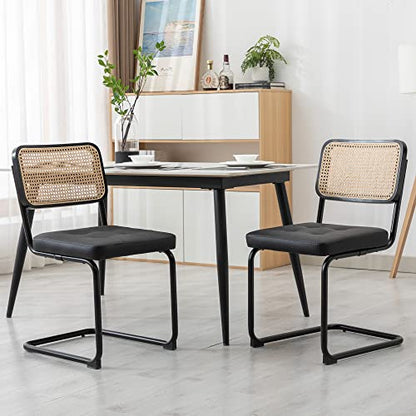 KCC Modern Dining Chairs Set of 2, Faux Leather Rattan Chair,Black | Mid Century Kitchen Side Chairs with Metal Legs and Upholstered Seat for Dining Room,Living Room,Bedroom - color: Black, size: Set of 2