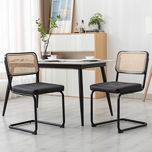 KCC Modern Dining Chairs Set of 6, Faux Leather Rattan Chair,Black | Mid Century Kitchen Side Chairs with Metal Legs and Upholstered Seat for Dining Room,Living Room,Bedroom - color: Black, size: Set of 6