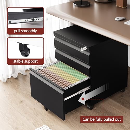 RAVIGIN 3 Drawer File Cabinet，Mobile Filing Cabinet with Lock and Wheels，Un-Assembled Metal Under Desk File Cabinets for A4/Letter/Legal Size（Black - color: Black, style: 3 Drawer-Un-Assembled