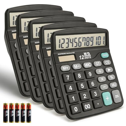 M&G Desk Calculator 12 Digit Office Calculators with Large LCD Display, Dual Solar Power and Battery, Recessed Big Button Calculator for Office Home (Black, Pack of 5) - style: Basic 5 Pack
