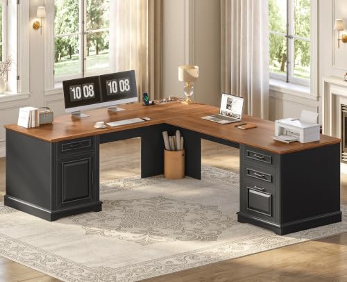 SEDETA Farmhouse 69" Executive L Shaped Desk, Home Office Desk with Drawers and Storage Cabinet & Power Outlet, Corner Computer Desk, Black - color: Black, size: L Shaped Desk