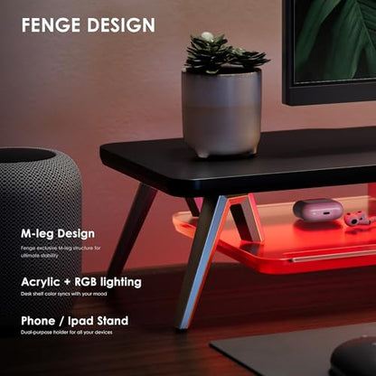 Fenge Dual Monitor Stand with 8-Mode LED Lights and Frosted Shelf, Black | Sturdy Aluminum Legs, Built-In Phone & Tablet Slot, 2-Tier Storage, 42.5-Inch Desk Shelf for Gaming, Home Office & Streaming - color: Black