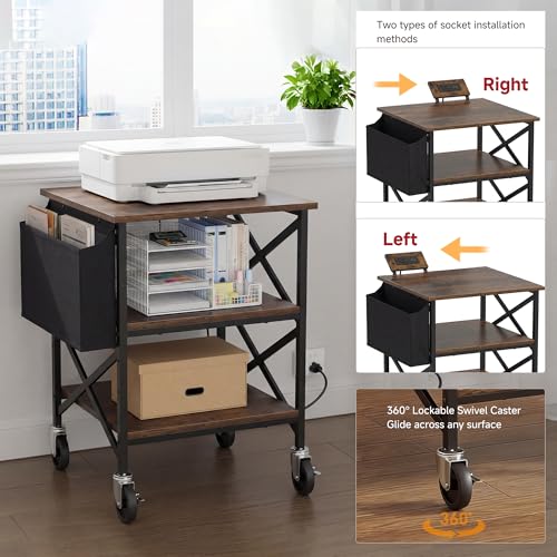 Large Printer Stand with Storage Bag, 23.6'' x 23.6'' with Power Outlet - color: Retro Brown, size: 23.6''x23.6''