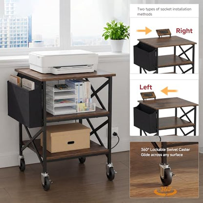 Large Printer Stand with Storage Bag, 23.6'' x 23.6'' with Power Outlet - color: Retro Brown, size: 23.6''x23.6''