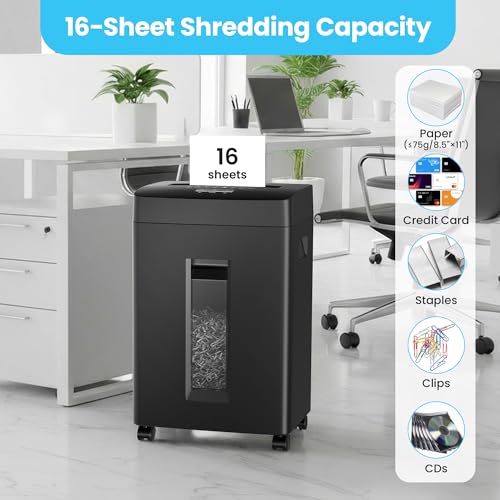 Locksworth 16-Sheet Cross Cut Paper Shredder, 6 Gallon Heavy Duty Commercial Shredder for Home Office, P-4 High Security Shredders for Paper/CD/Credit Card/Staple/Clip, 60 Mins Continuous Running | P-4 High Security Shredder, Suitable for CD/Credit Card/S