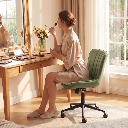 YOUNIKE Office Desk Chair with Wheels Armless Vanity Chair Modern Tan | Faux Leather Upholstered with Rocking Back, Swivel Height Adjustable Small Cute Computer Rolling Task Chair Ergonomic 300lb - color: Olive Green, size: Base Black