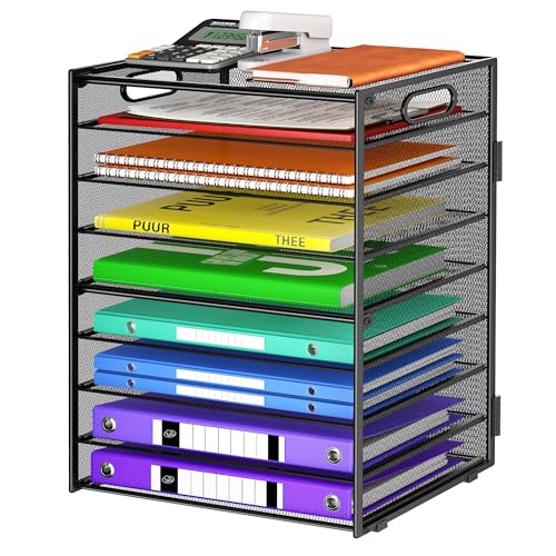 Cawukege 9 Tier Paper Organizer with Handle, Black Large Capacity Desk Organizer Mesh File Folder Letter Paper Tray Desktop Document Sorter for Classroom, School, and Office Accessories Organization - color: 1 Pack - Black