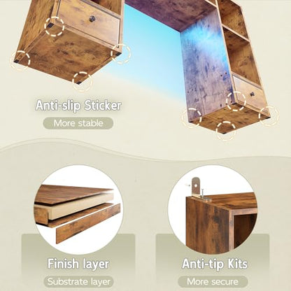 REIBII 47.2" Desktop Bookshelf, 6 Shelves & 2 Drawers, LED Lights, Brown - color: Rustic Brown