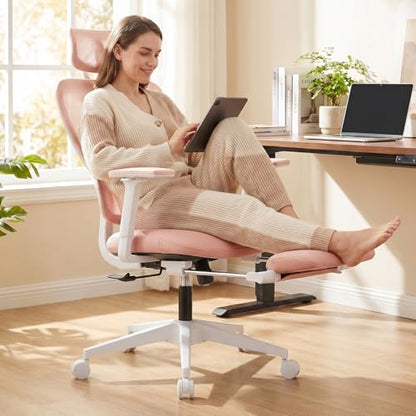 Ergonomic Office Chair with Footrest and Dynamic Lumbar Support, Pink | Reclining high-back computer chair, memory foam seat, 2D armrests, 2D headrest, mesh desk chair for home office, long hours - color: Pink