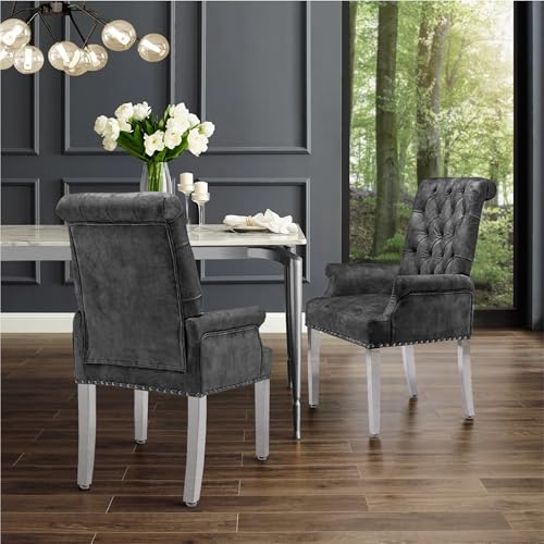LOULENS Velvet Dining Chairs Set of 2, Dining Chairs with Arms, Dark Grey | Upholstered, High Back, Tufted, Luxurious, Stainless Steel Leg, for Kitchen & Dining Room - color: Dark Grey, size: 2 PCS