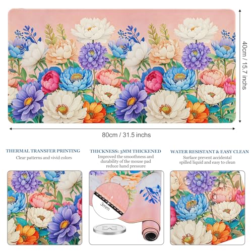 Desk Pad Peony Flowers, Desk Matt for Desktop Women Girls Floral Gaming Mouse pad Extend XXL Large Anti-Slip with Stitched Edges Waterproof Computer Laptop Keyboard Mat for Gaming, Home, Work, Office - color: Peony Flowers, size: 31.5L x 15.7W inches