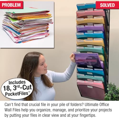 Ultimate Office Mesh Hanging Wall File Organizer, 12 Tier + 18 PocketFiles | Vertical mount hanging file sorter and display rack; includes 18 3rd-cut PocketFile clear document folders - size: 3rd-Cut + 12-Slot Wall File