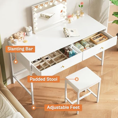 SUPERJARE 43-inch White Desk with 2 Drawers and Padded Stool - color: White, size: 43.3 inch